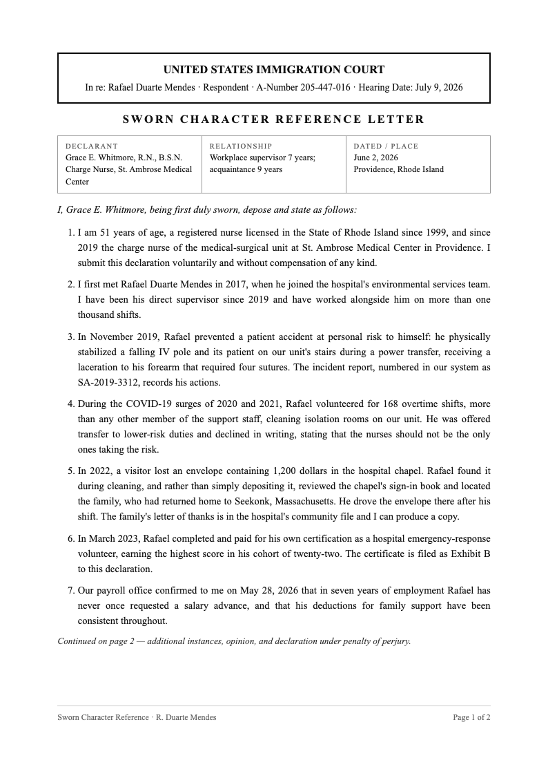 Legal affidavit character reference letter